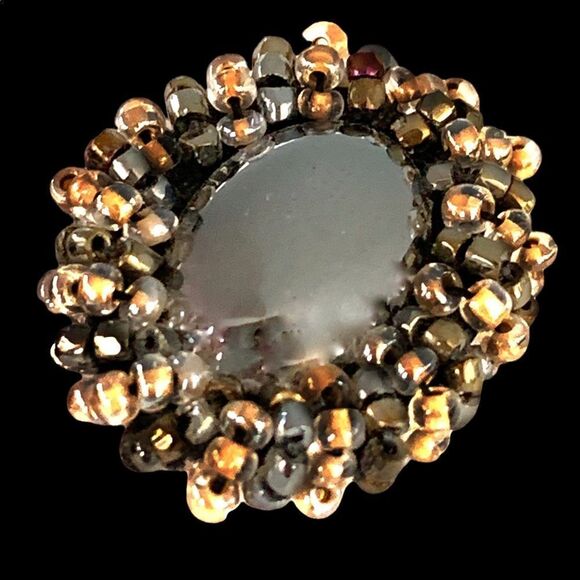 Hand  beaded silver natural hematite earrings with black crystal beaded border - Picture 7 of 9